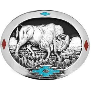 Turquoise and Coral Inlay Belt Buckle Buffalo Oval Bison Yellowstone Western